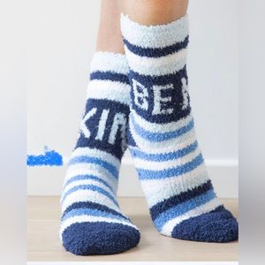 Be Kind by Ellen Fuzzy Socks in Blue and White Stripe